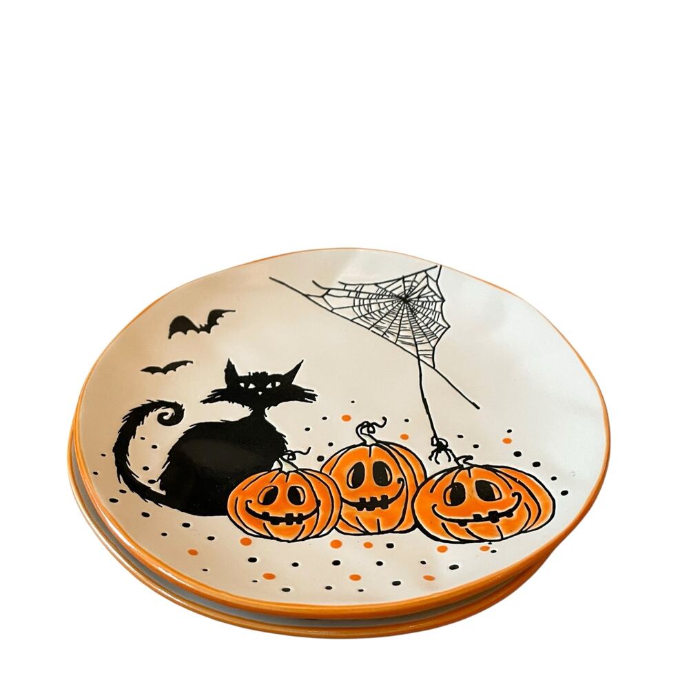 ELI & ANA Halloween Salad Plates 8in Black Cat Bats Pumpkins Set of 2 New - Picture 7 of 11